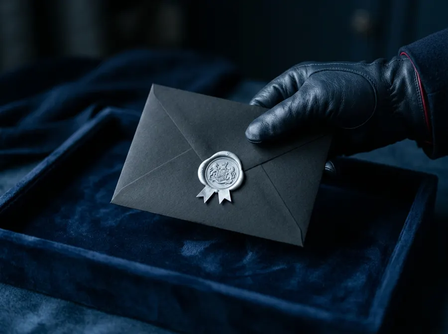 A sealed invitation presented on a velvet tray