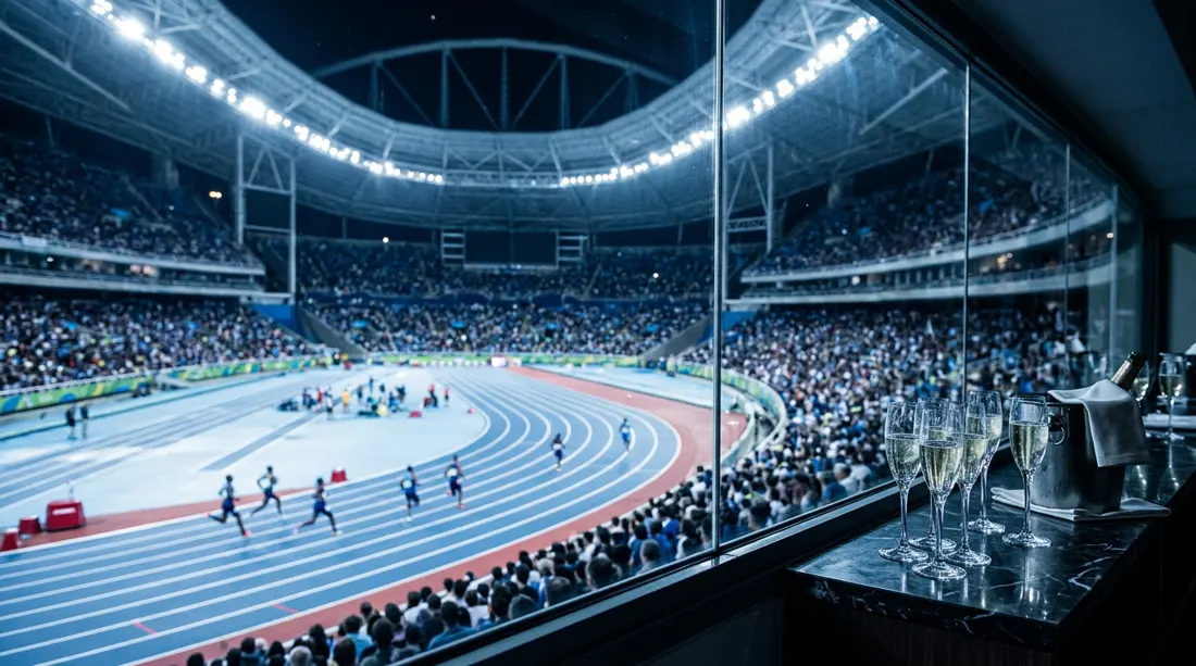 Private hospitality suite overlooking an Olympic stadium